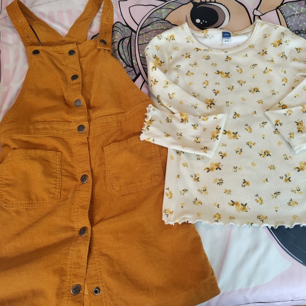Old Navy corduroy skirt overall & ribbed long sleeve shirt. Girls size 10